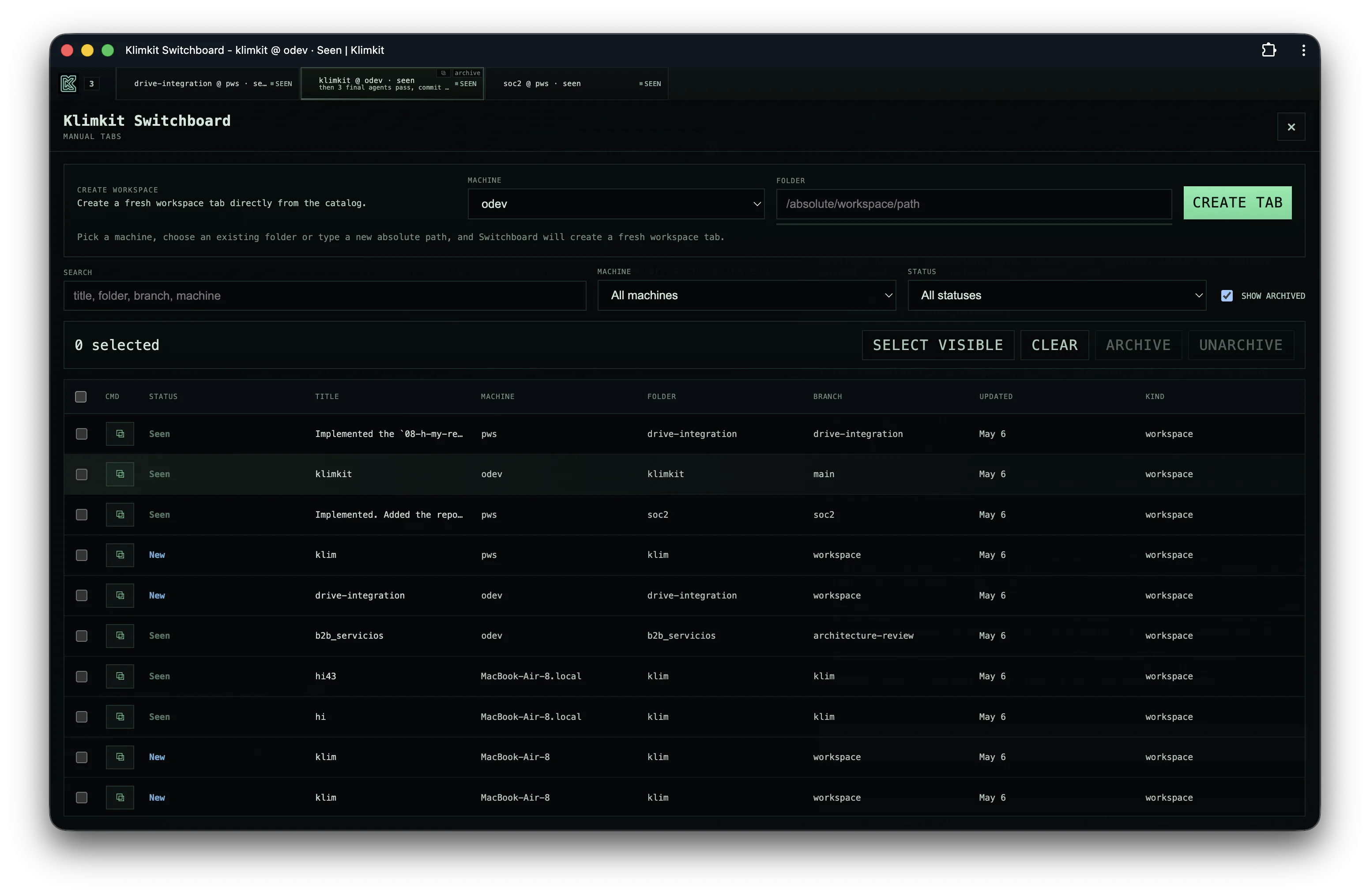 Klimkit Switchboard catalog with workspace creation, filters, archived rows, and batch actions