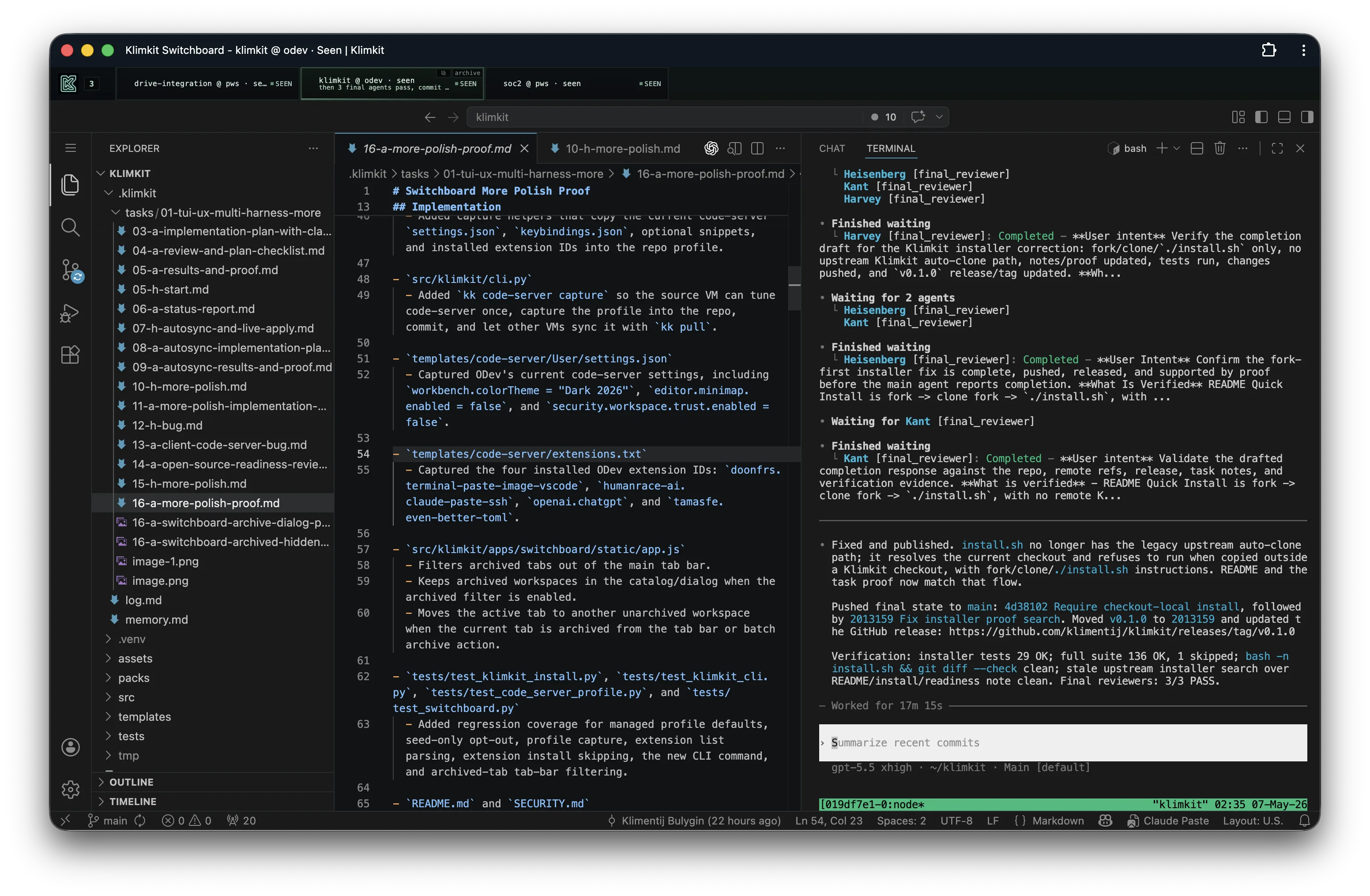 Klimkit Switchboard PWA workspace with code-server and Codex terminal panes